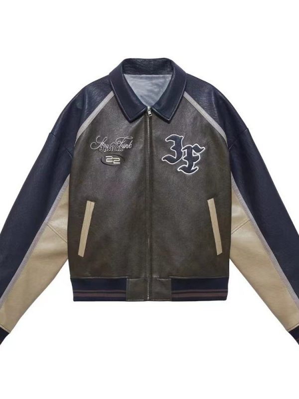 New Loose Color Matching Retro Leather Coat Jacket For Men And Women