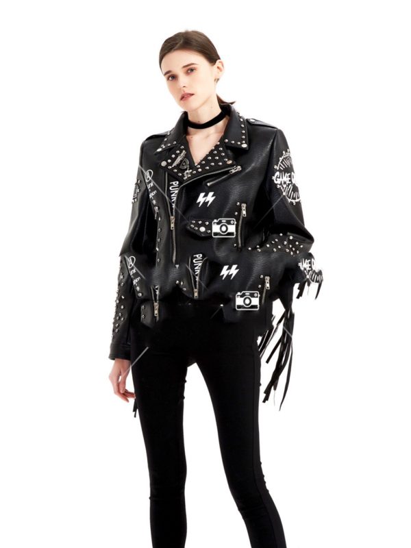 Graffiti Printed Rivet Slim Short Leather Jacket Women