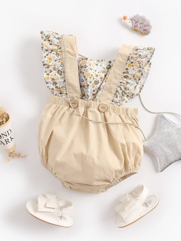 Baby Clothes Floral Stitching One-Piece Romper Spring And Summer Baby One-Piece Jumpsuit Strap Spring And Autumn Triangle Romper Fake Two Pieces