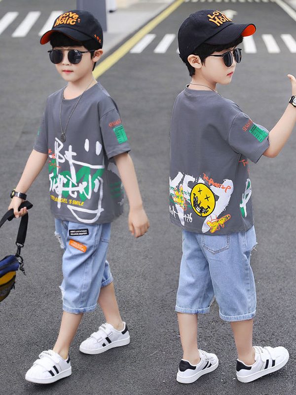 Short-sleeved T-shirt Boy Western Style Two-piece Suit, Big Boy Trend