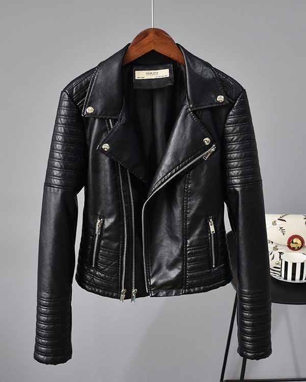 Rivet Suit Collar Women Washed PU Leather Jacket