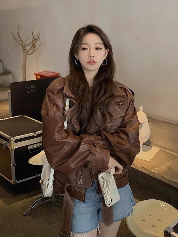 Fashionable Short Motorcycle Leather Coat Women