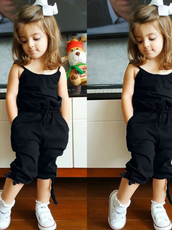 Girls' solid color suspender jumpsuit