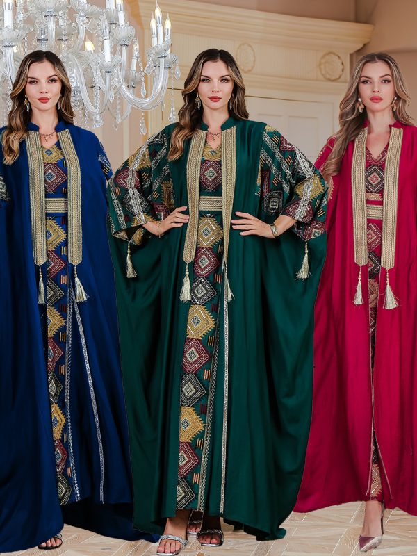 Middle East Muslim Embroidered Robe Abaya Light Luxury Evening Gown Two-piece Set Dress
