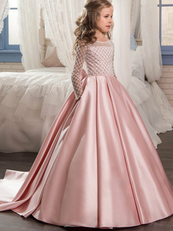 Mesh Long Sleeve Trailing Girls' Dress