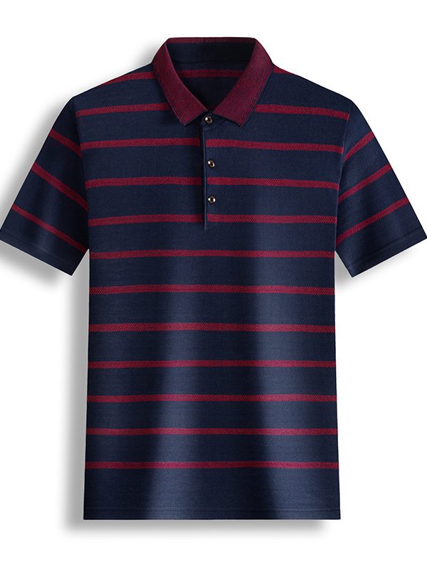Men's Wide Brimmed Striped Lapel Short Sleeved T Shirt Casual T Shirt