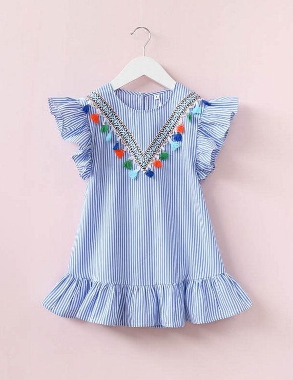 Fringed vertical stripe ruffle dress