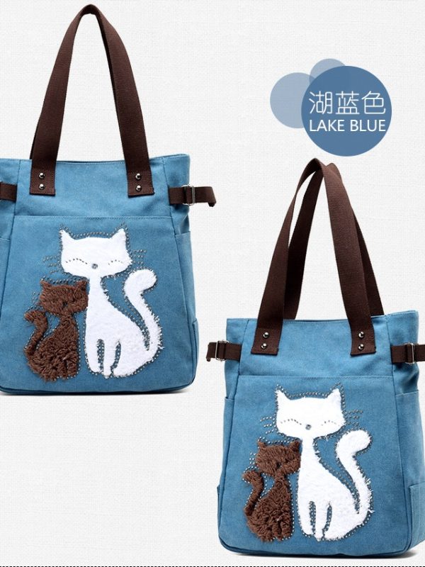 KVKY Women Canvas Bag Handbag Famous Brand Shoulder Bags Femal Canvas Bags with Cute Plush Cat Appliques Beach Bag Sac A Main