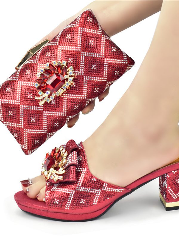 European And American Shoes And Bags Set Solid Color Rhinestone Sandals With Clutch