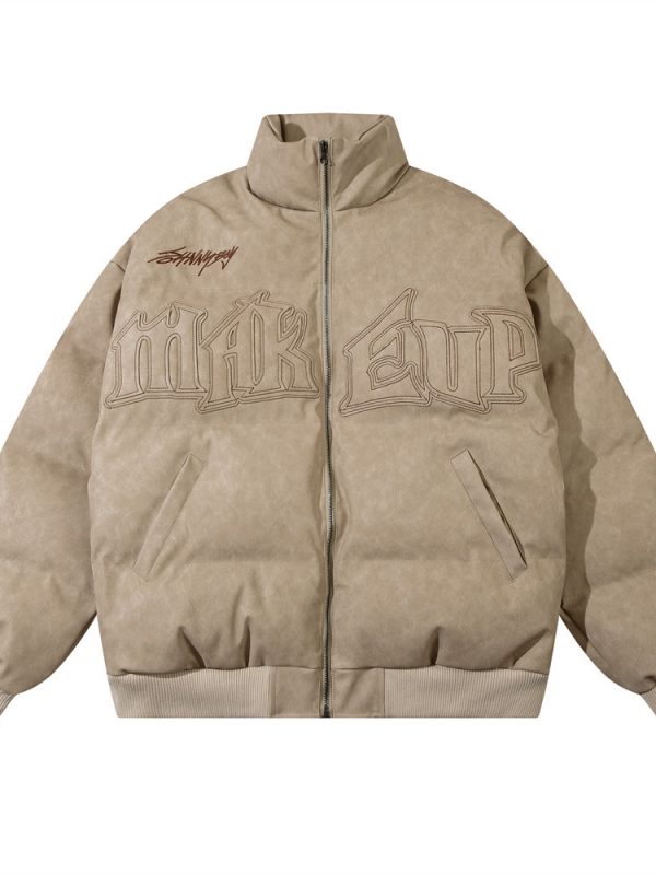 Leather Coat Menswear Fashion Brand Winter Thickened Cold Protection Warm Letters Embroidered Stand Collar PU Leather Coat