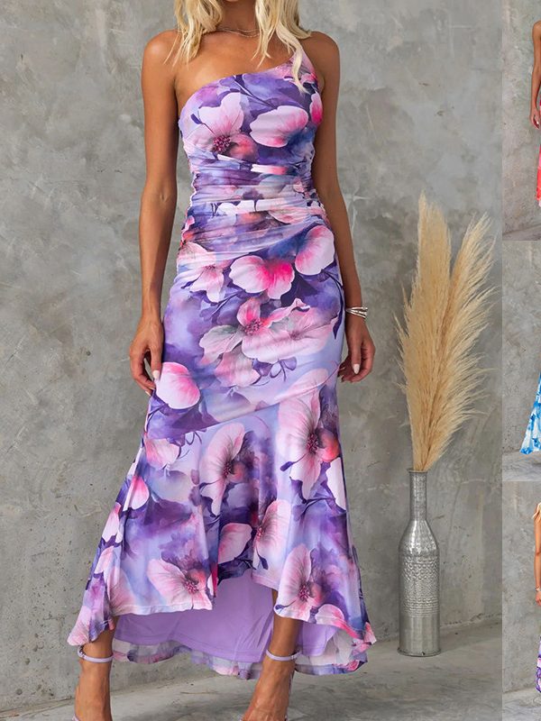 Flowers Print One-shoulder Dress Summer INS Casual Suspender Long Dresses Womens Clothing