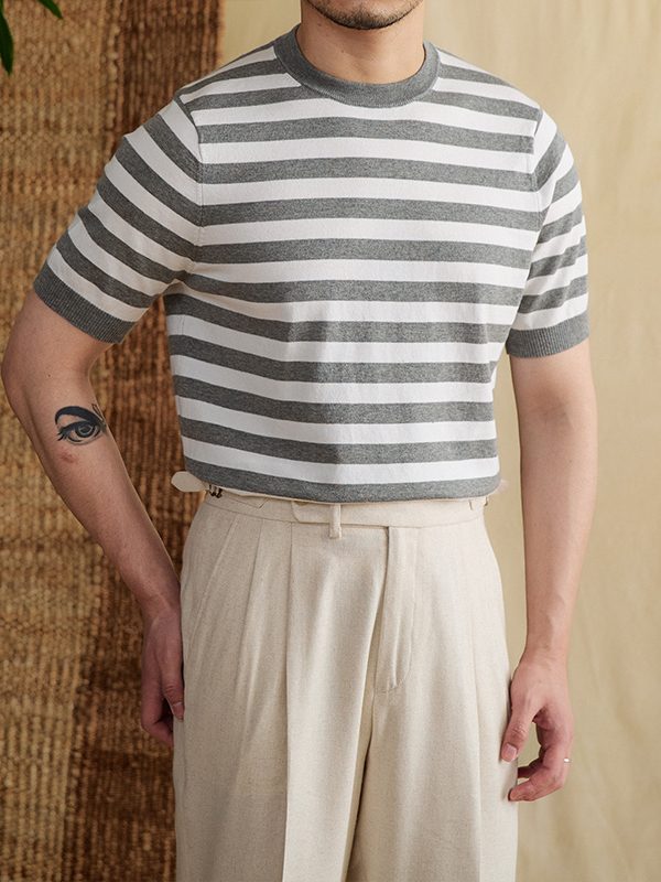Striped Navy-striped Shirt Breathable Tencel Cotton Round Neck Short Sleeve T-shirt