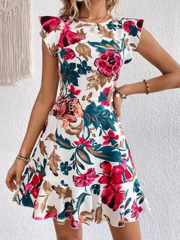 Flounced Sleeve Plant Flower Skirt Dress Women
