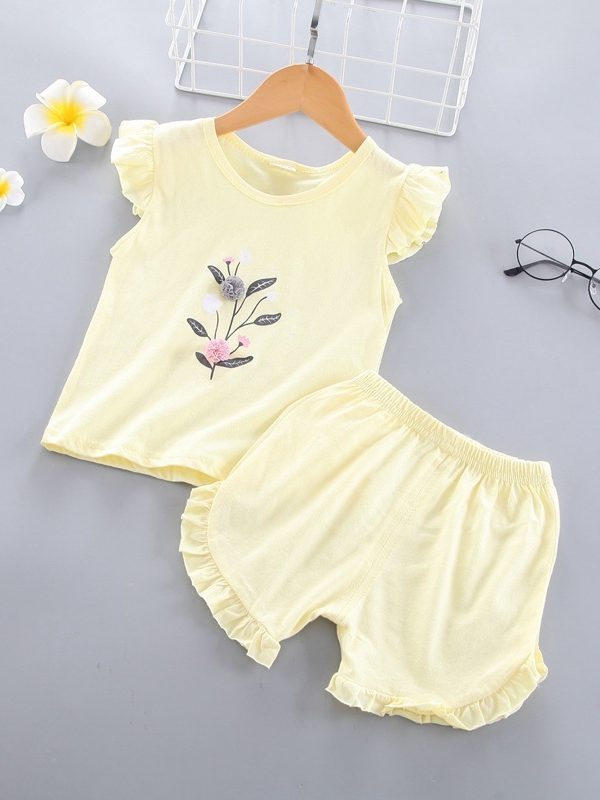 Girls Sleeveless Lace Vest Children's Casual Shorts Summer New Fashion Solid Color Short-sleeved Children's Clothing Suit