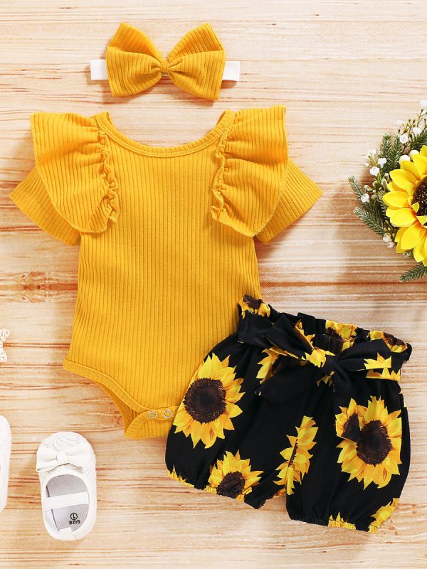 Children's Stiletto Top And Printed Shorts Free Bow Headband