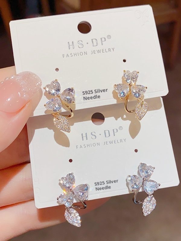 Female Personality Fashion Zircon Three Leaf Flower Earnail