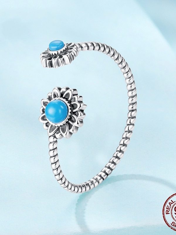 Vintage S925 Sterling Silver Sunflower Turquoise Open Ring