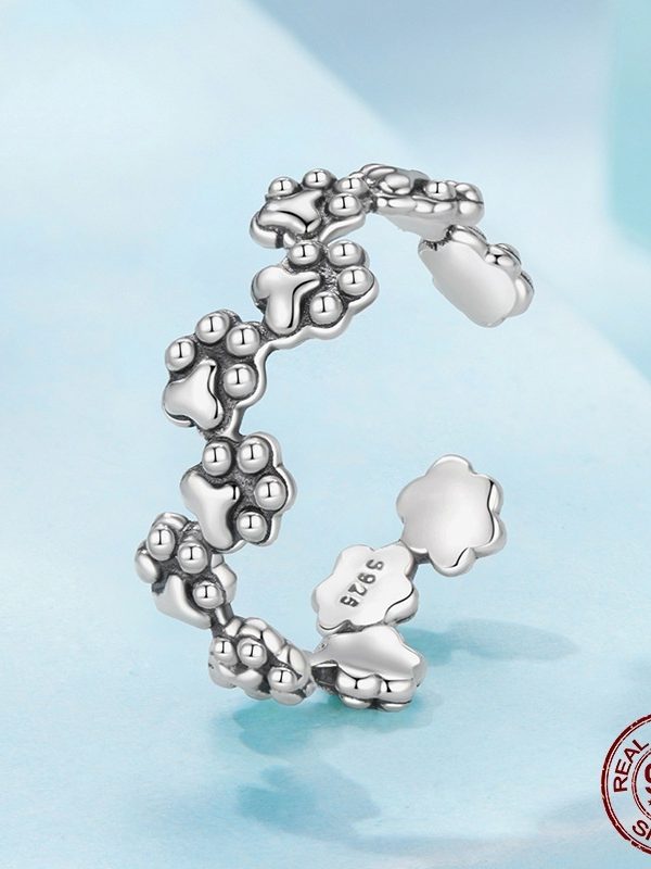 Vintage Pet Cat Paw Print Open S925 Sterling Silver Ring