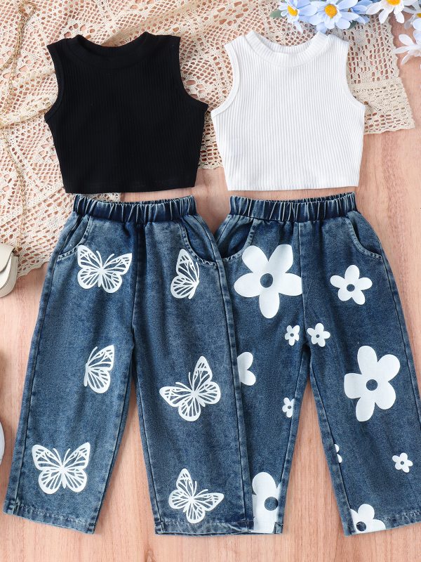 Sleeveless Vest Butterfly Print Washed Jeans Girls Suit