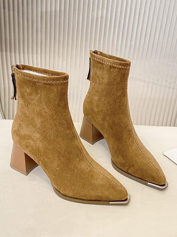 Vintage Chunky-heeled Suede Pointed-toe Ankle Bootsversatile