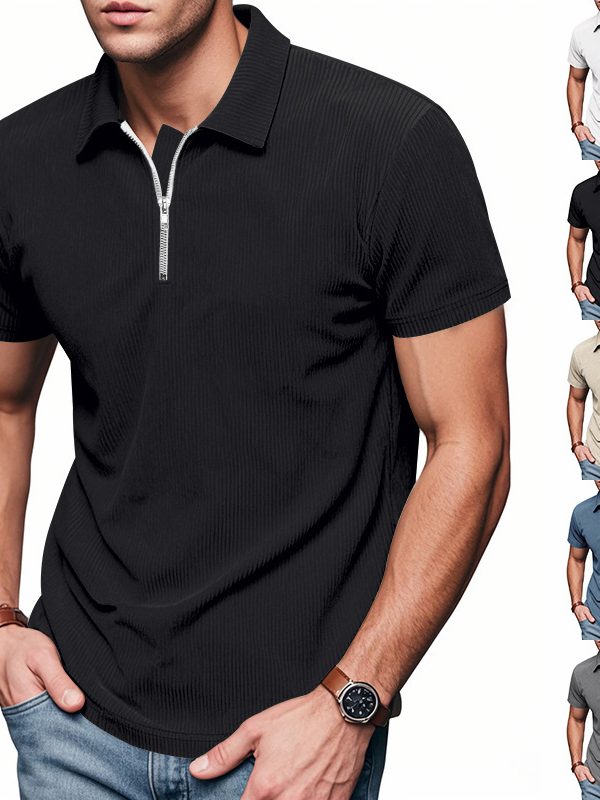 Mens Loose Corduroy Half-Zip Polo Short-Sleeve T-Shirt