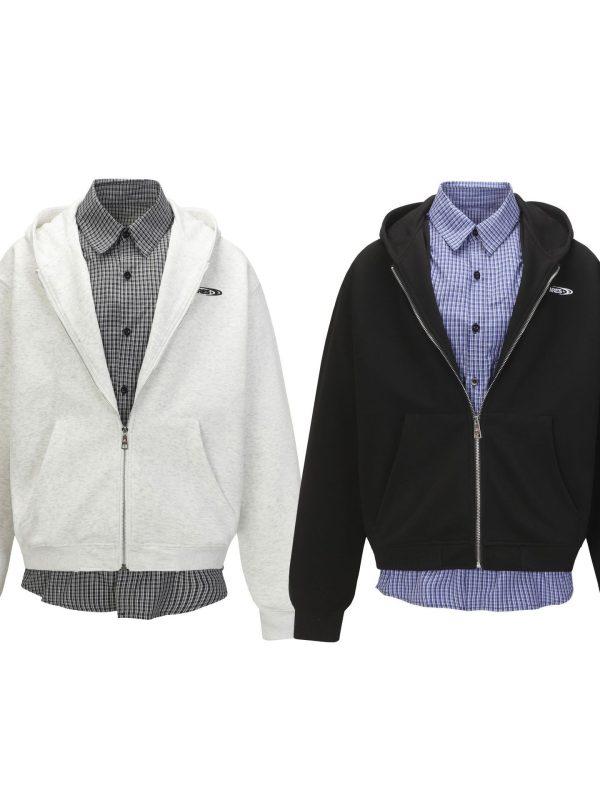 Mens American-Style Fake Two-Piece Plaid Hoodie