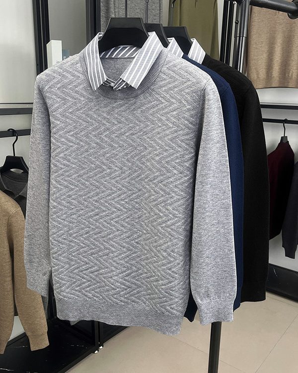 Mens Long-sleeve Casual Mock Two-piece Sweater