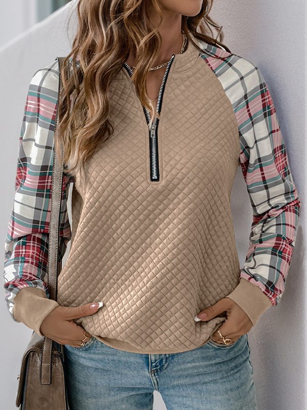 Retro Style Cardigan Zipper Plaid Stitching Diamond Patterns Fabric Sweater