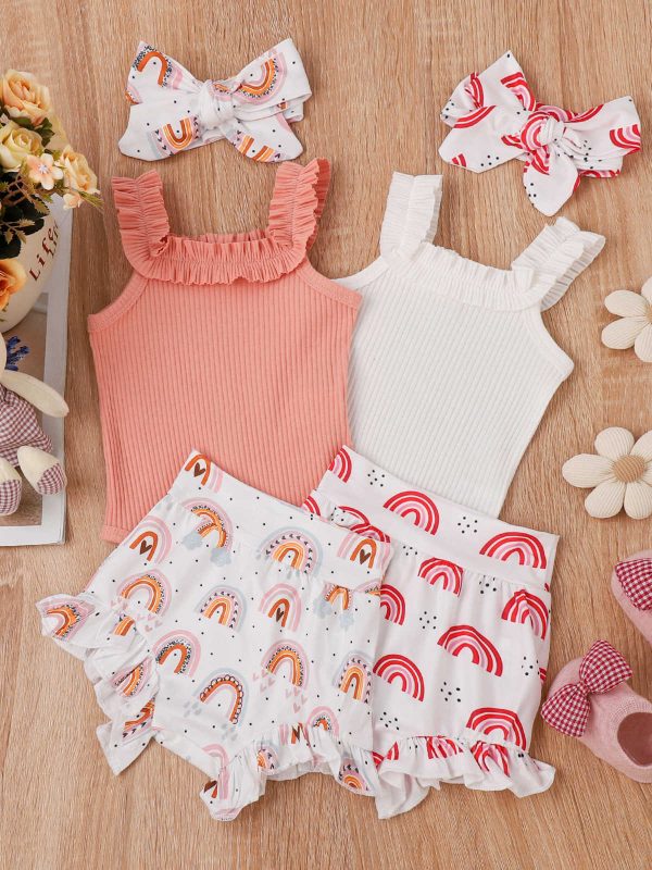 Girls' Fashion Sling Pit Striped Harness Printed Shorts Set