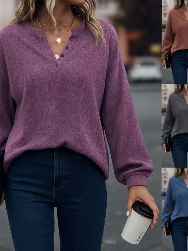 Women's Casual Loose-Fit Fashion Solid-Color Long-Sleeve V-Neck Pullover Top