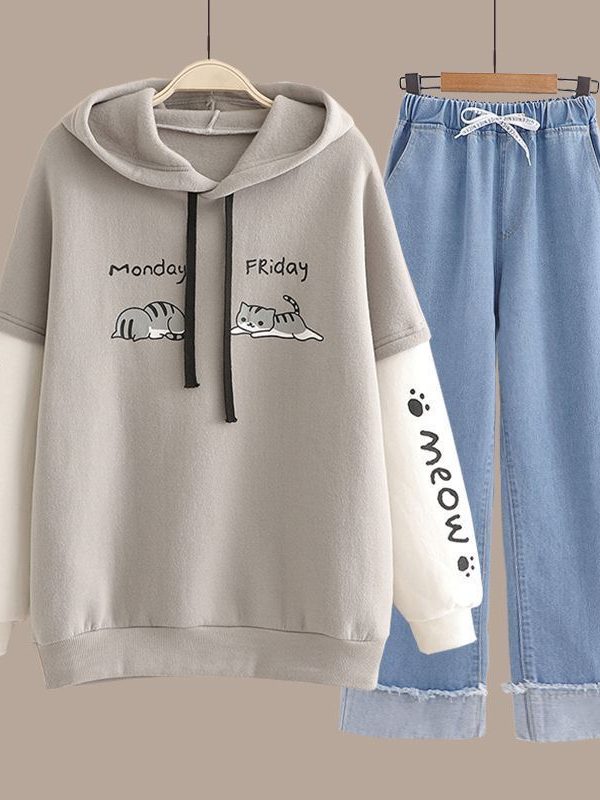 Spring Women's Clothing Student Hoodie Set Preppy-style Straight-leg Pants