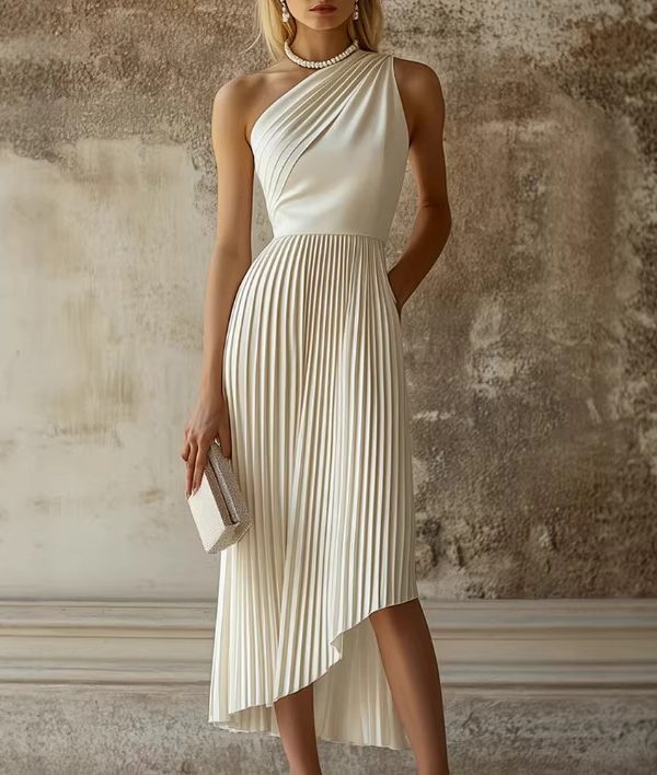 Womens White Pleated Sleeveless Dress