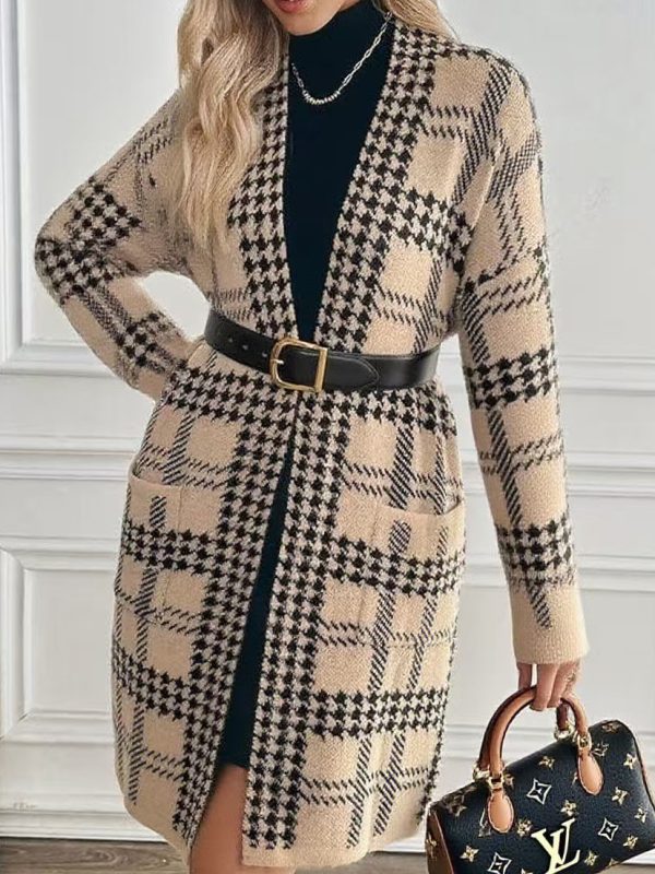 Women's Houndstooth Knitted Long Knitted Jacket