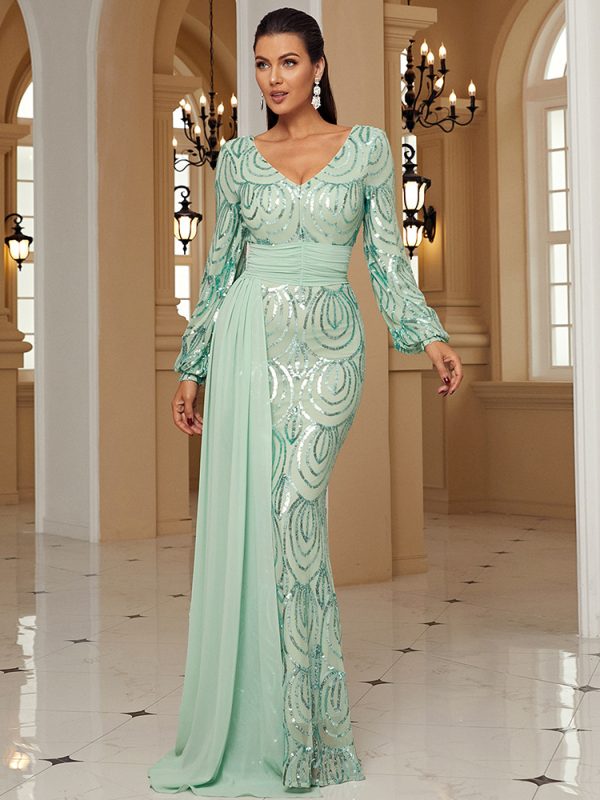 Long Sleeve Sexy Long Sequined V-neck Banquet Ribbon Evening Dress
