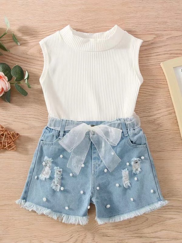 Sleeveless Pit Strip Childrens Suit Denim Shorts Twopiece Set