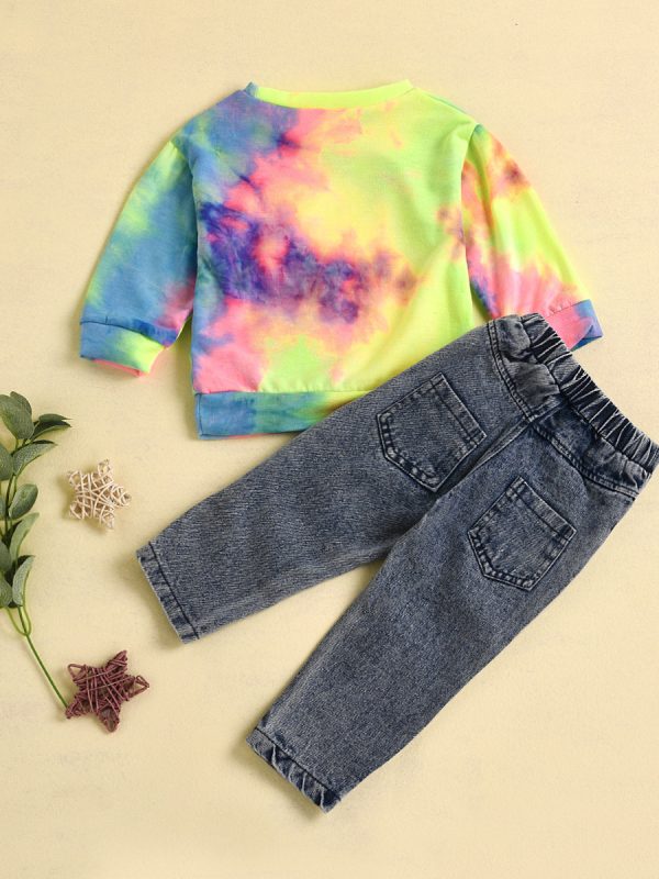 Rainbow Tie Dye Sweater  Cut Hole Jeans Set