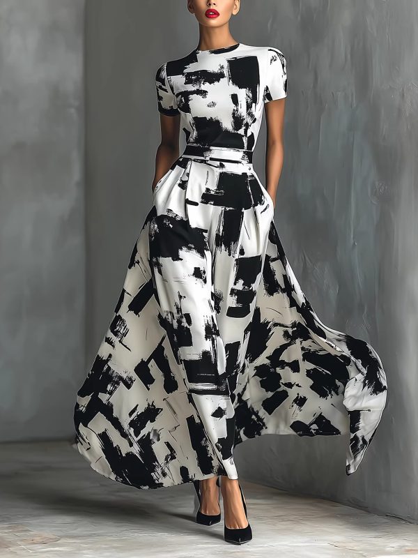 Modern Art-Style Black-and-White Abstract Print Dress