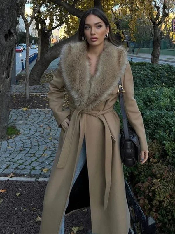 معطف نسائي أنيق بأكمام طويلة وياقة مطوية برباط أمامي