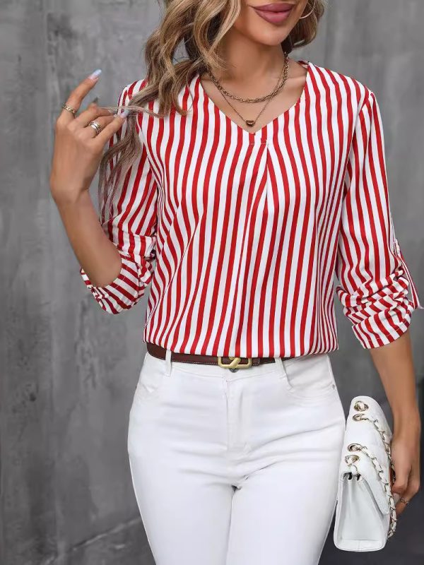 Striped Print VNeck ButtonUp Shirt