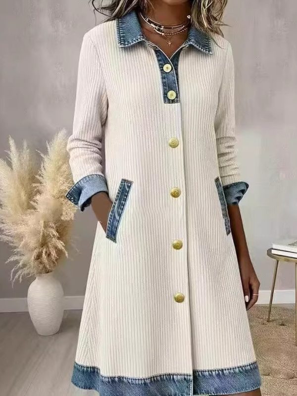 Womens Buttoned Long-Sleeve Corduroy Patchwork Denim Dress