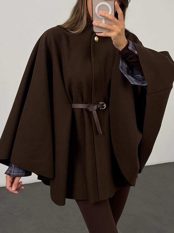 Winter Elegant Style Solid Color Waist Tight Woolen Cape Coat Mid-length