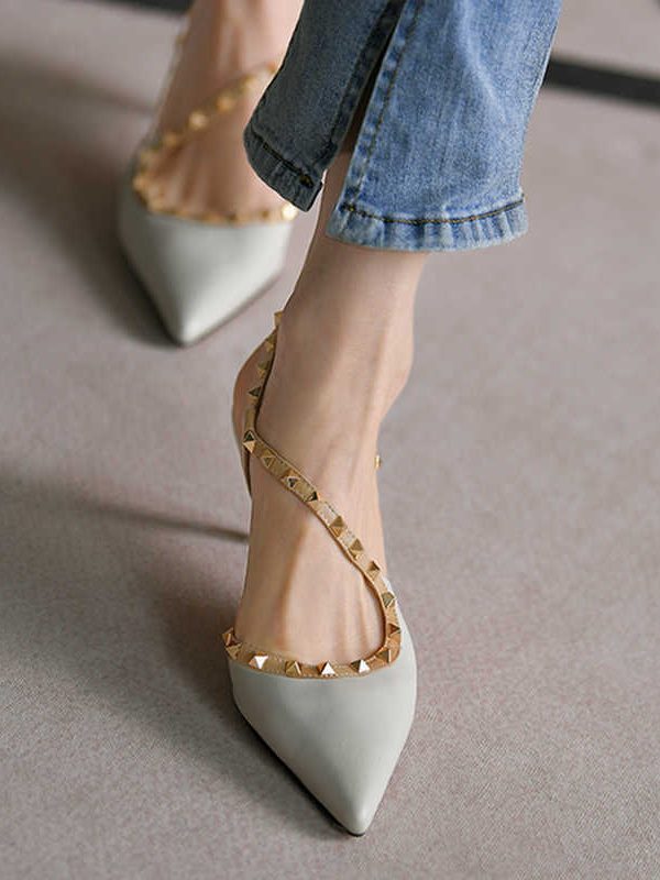 Sheepskin Pointed Toe Stiletto Heel Shoes Side Empty High Heel Sandals