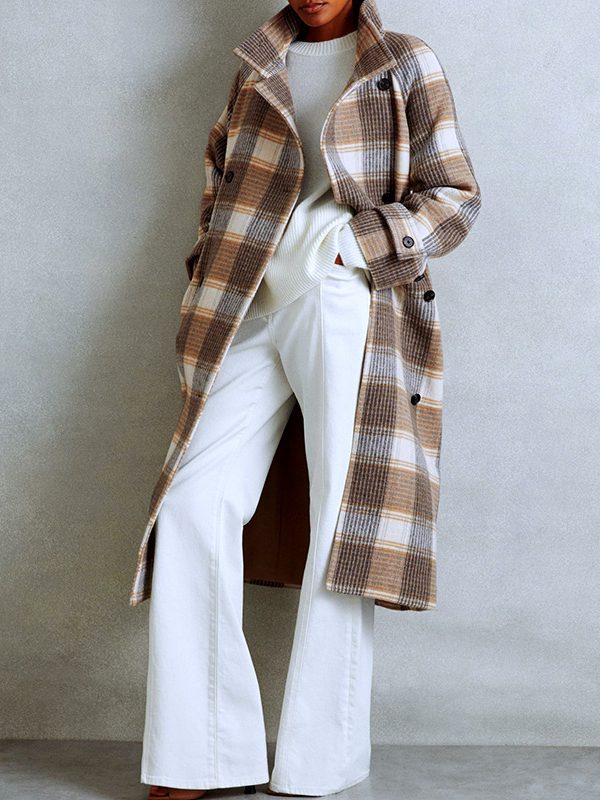 Women's Contrast Color Plaid Coat Waist-tied Coat