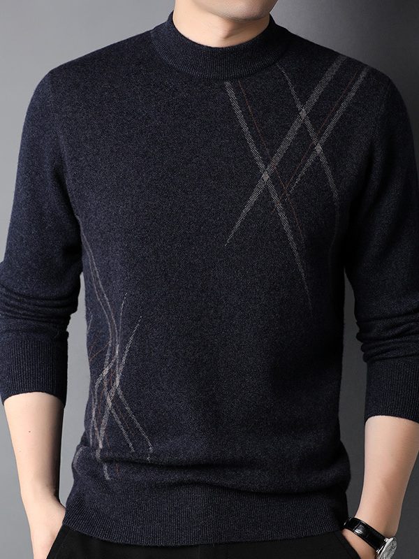Mens Simple Versatile Long-Sleeve Striped Crew-Neck Casual Sweater