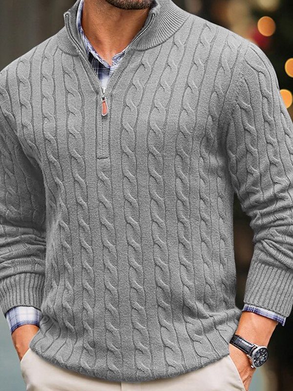 Mens Slim-fit Knitted Zip-up Mock-neck Long-sleeve Sweater