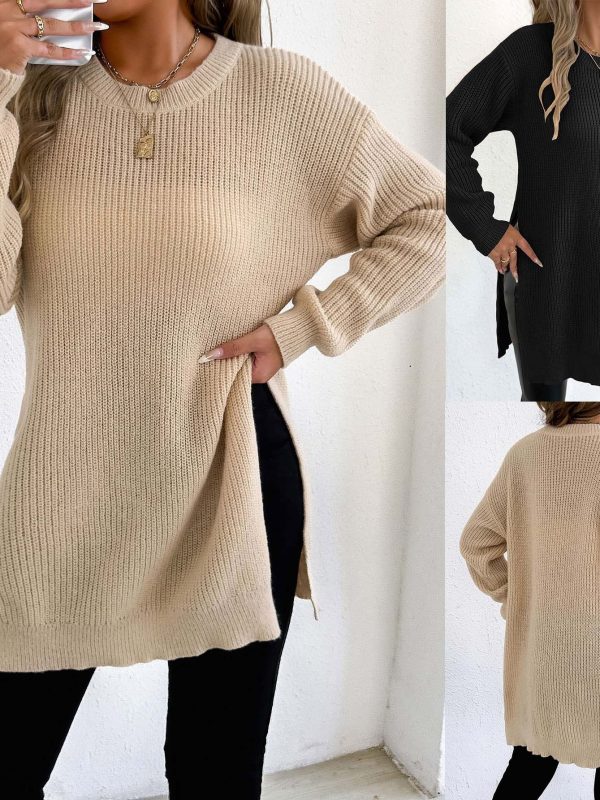 Crew-neck Pullover Slit Design Machine-knit Casual Sweater