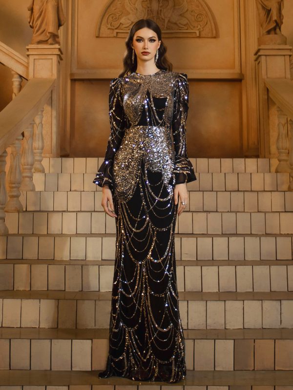 Long Sleeve Round Neck Slim-fit Sheath Sequined Banquet Fishtail Evening Dress