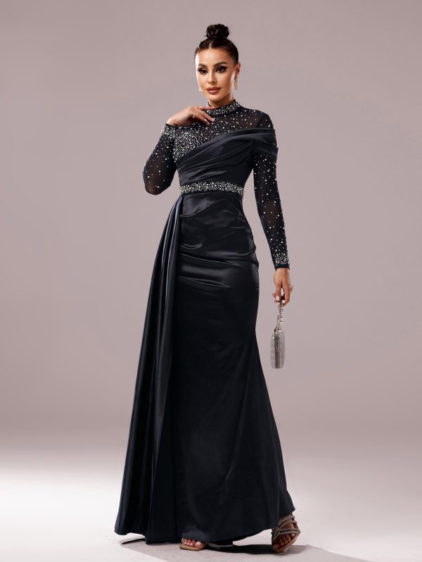 Long Sleeve Slim-fit Sheath Pearl Banquet Fishtail Evening Dress