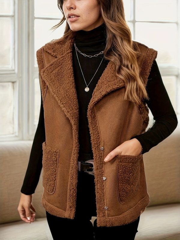 Women's Corduroy Collar Stitching Suede Vest Jacket With Side Pockets