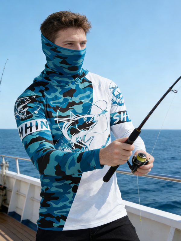 Fishing Hoodie UPF 50 Anti UV Sailing Shirt Surfing Face Cover Neck Summer Men Long Sleeve Hunting Jersey Camisa De Pesca Performance Fish Gear Beach Tops Wear Climbing Uniform Angling